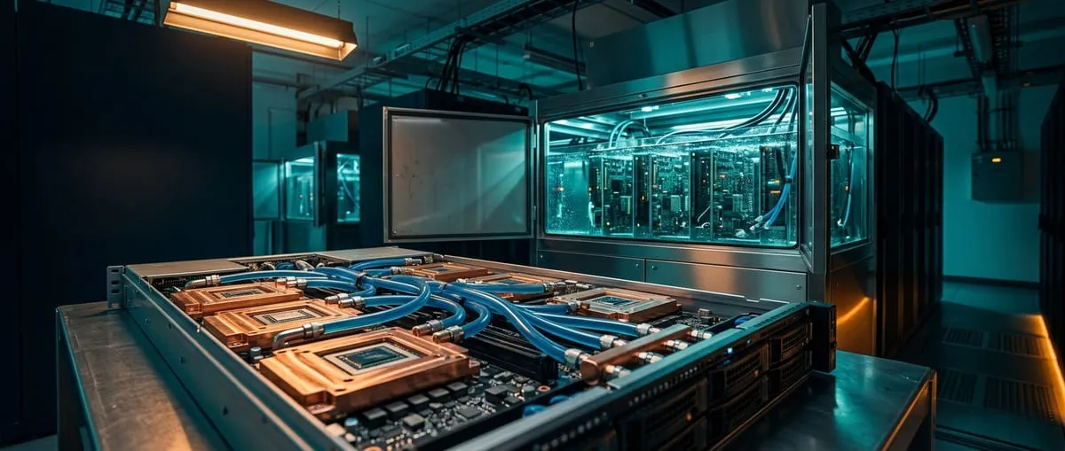 GPU server tray with copper cold plates and coolant hoses beside an open immersion tank of clear fluid in a data hall