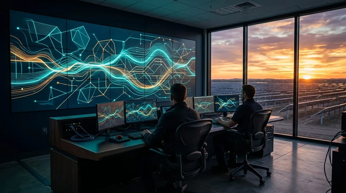 Utility control room with abstract grid displays overlooking a solar field at sunset