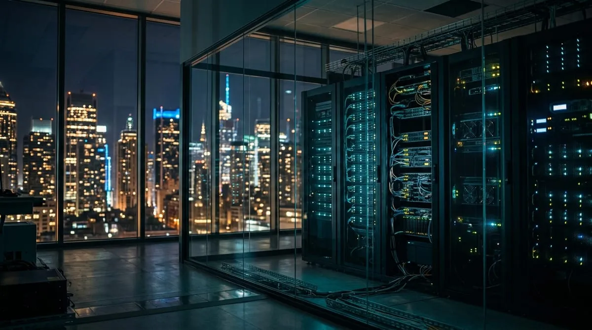 Secure server cage overlooking a financial district skyline at night