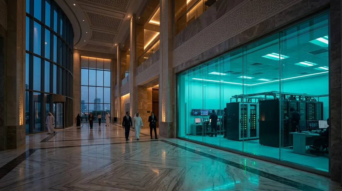 Government building atrium with a secure computing room glowing behind glass