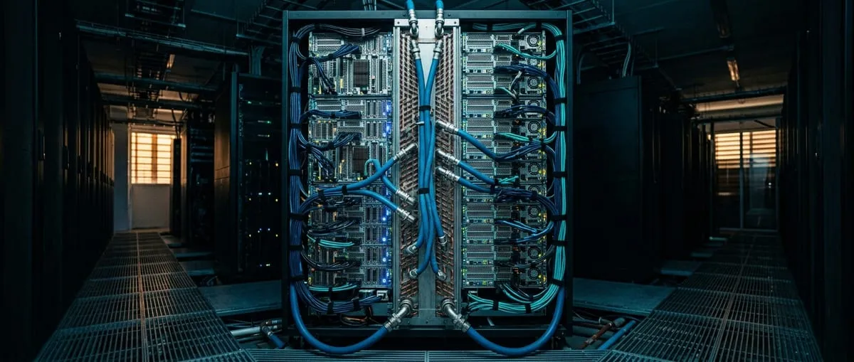 Rear view of a dense GPU server rack with a rear-door heat exchanger and blue coolant hoses in a dim data hall