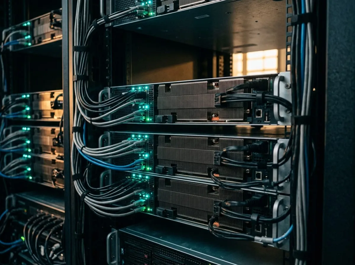 Rack of high-density GPU servers with neat cabling and teal status lights