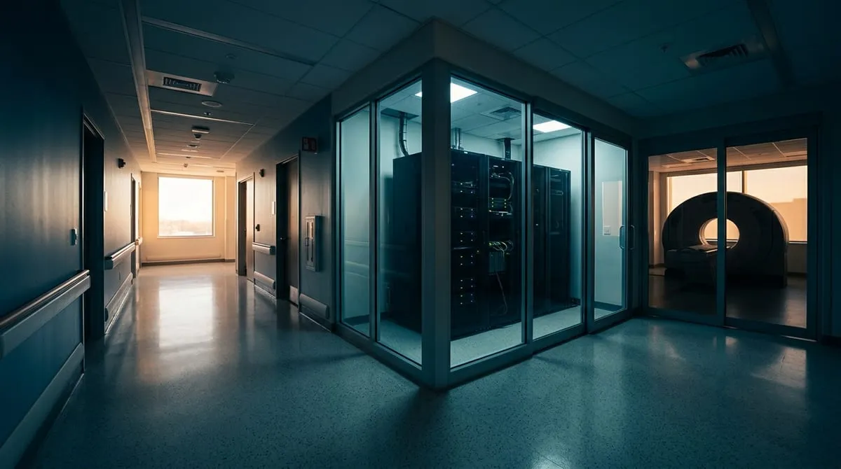 Quiet hospital corridor with a secure server room and imaging scanner in the background