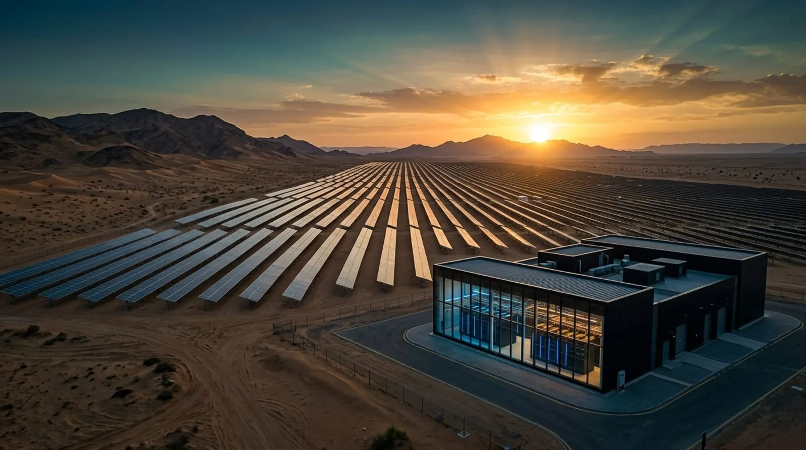 Desert solar farm at dawn beside a modular data center with glowing server racks