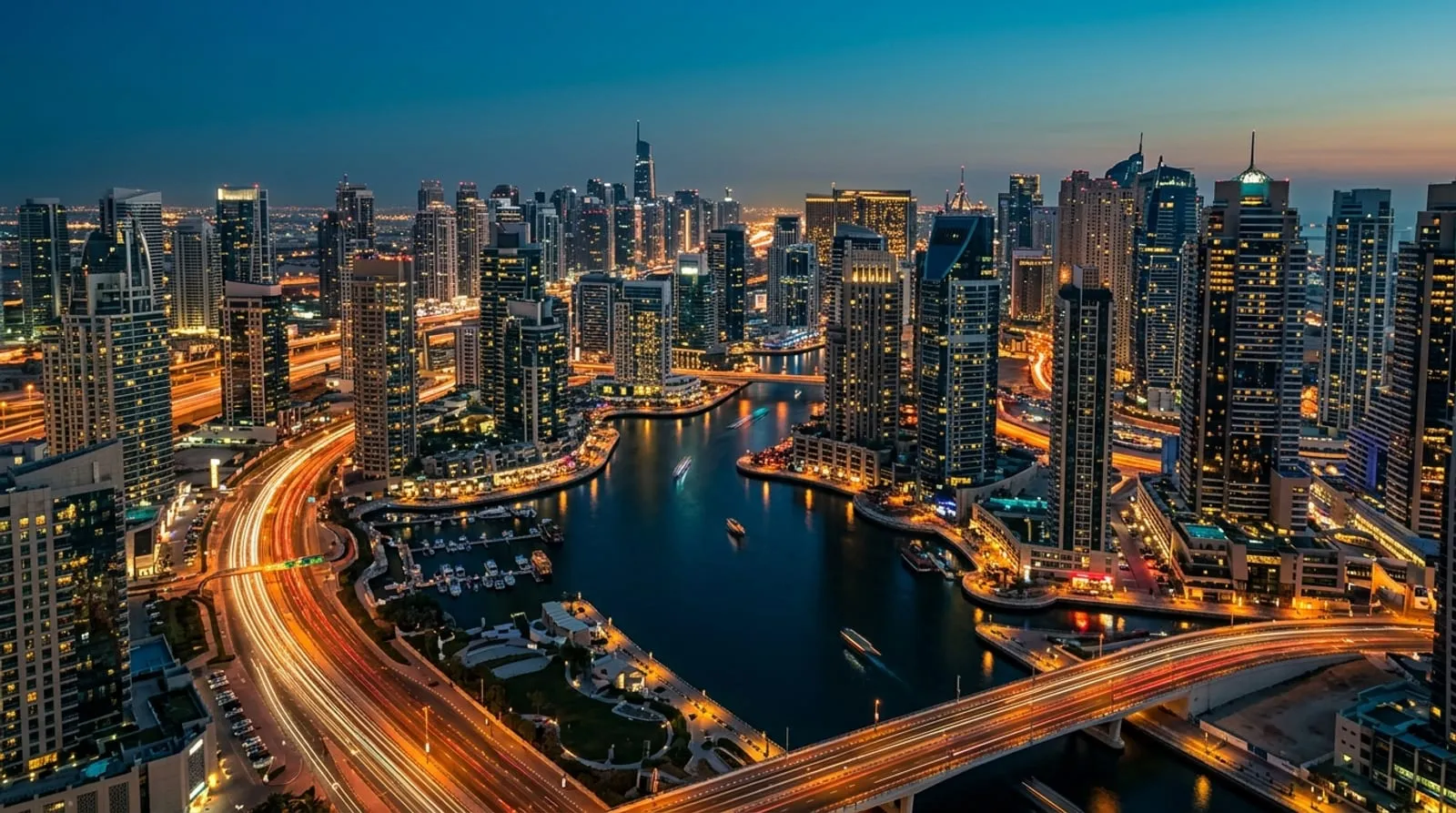 Aerial view of the Business Bay canal and towers in Dubai at blue hour