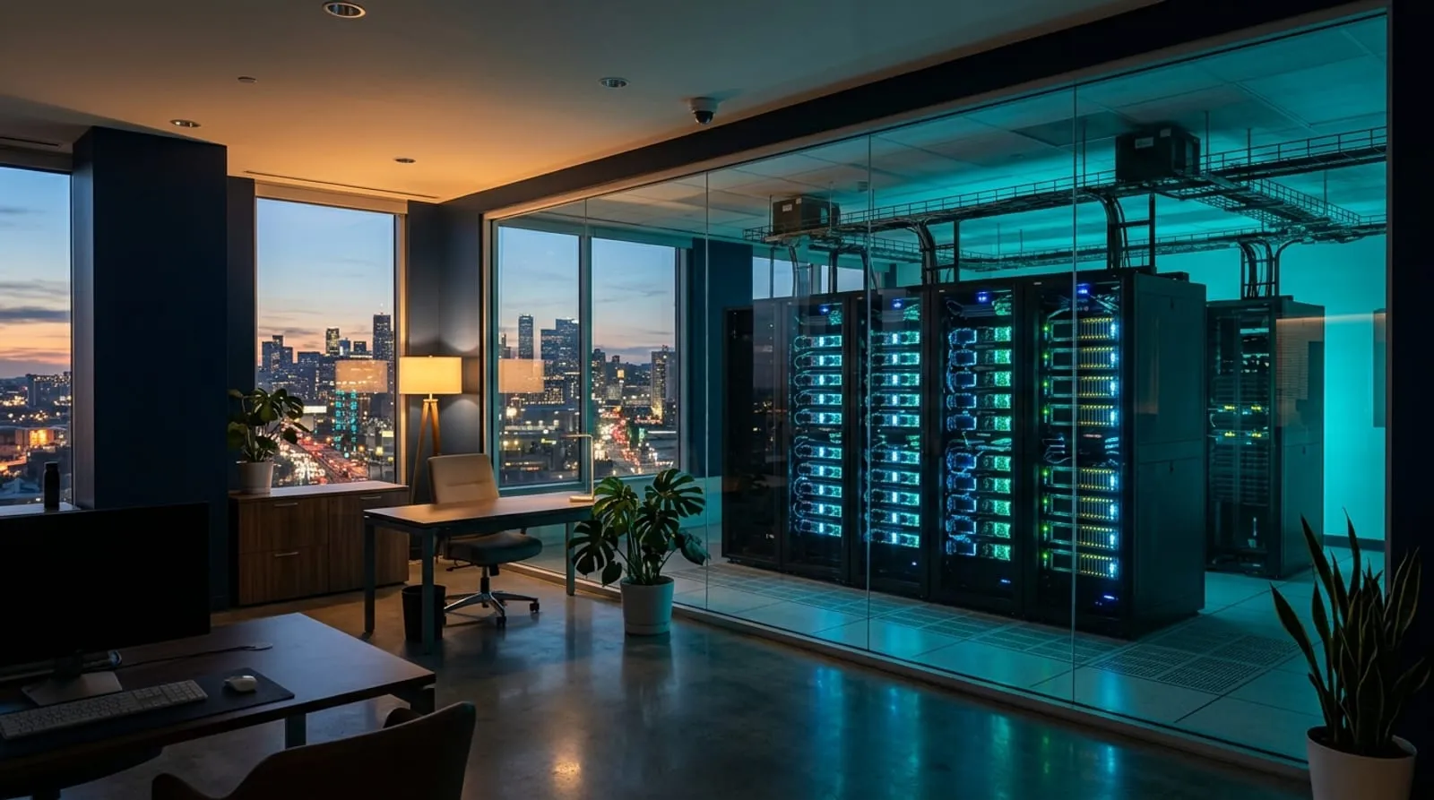 Secure on-premise AI server room behind glass with a dusk city skyline