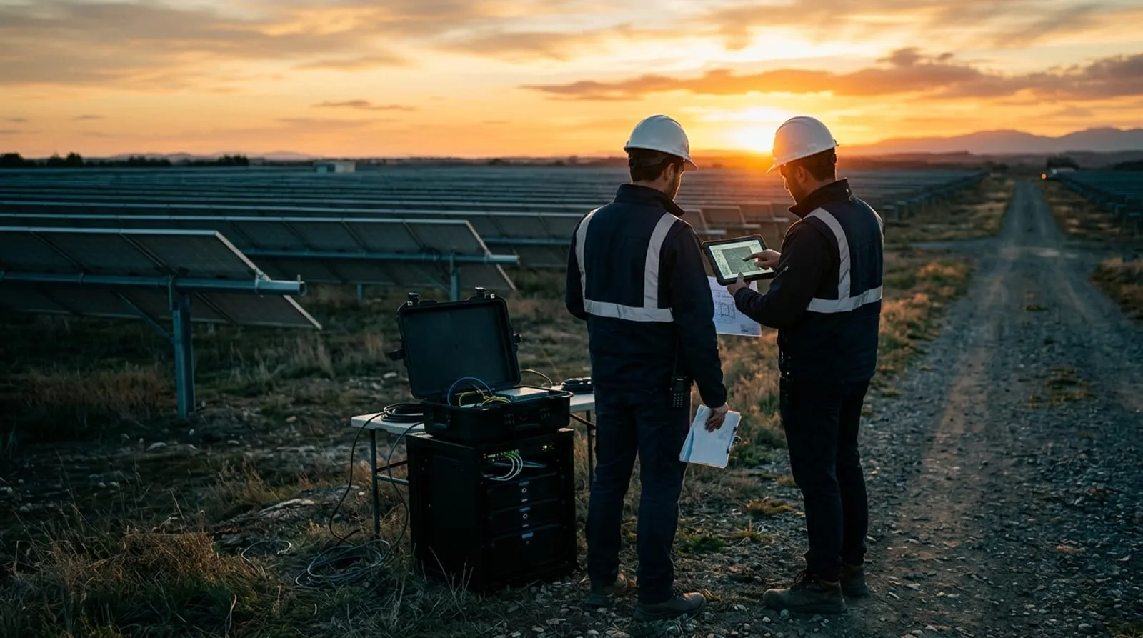 Engineers reviewing plans beside a solar array and equipment case at sunset