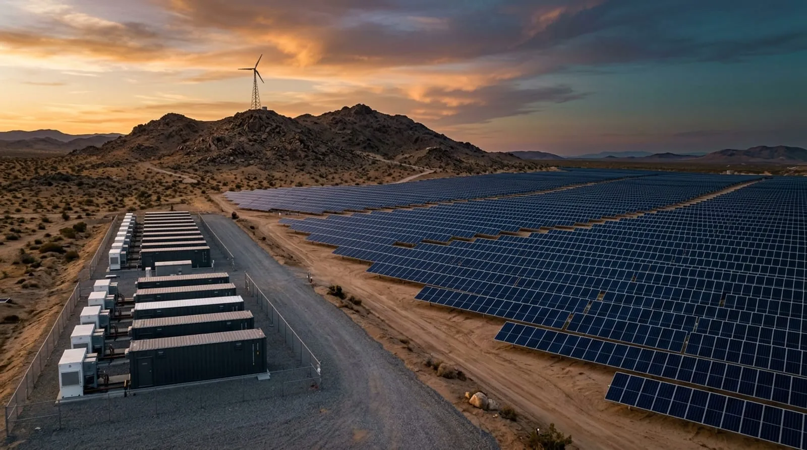 Solar arrays, containerized battery storage and a wind turbine on a desert energy site