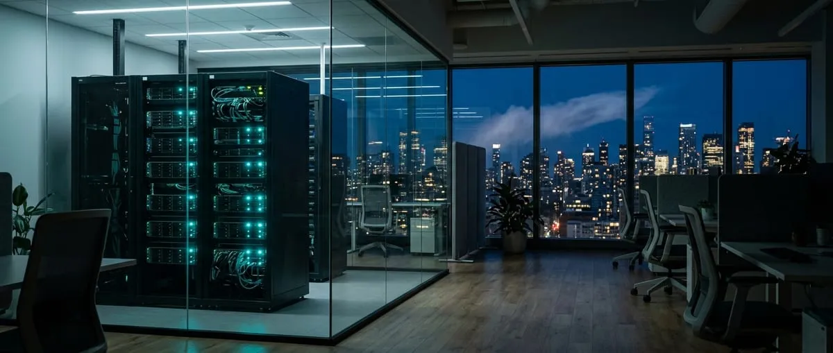 Glass-walled on-premise server room with GPU racks beside an office, with a faint cloud outline over the city skyline