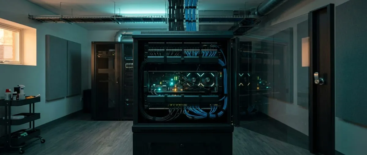 Compact on-premises GPU server in a secure office server room, with status lights glowing and its glass rack door ajar