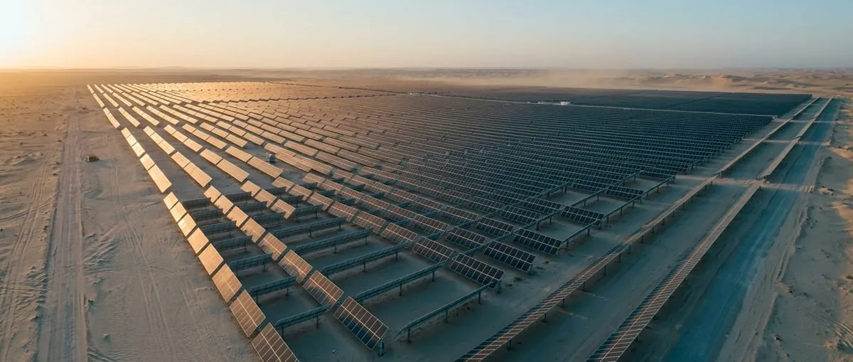 Long rows of solar modules on single-axis trackers tilted towards the morning sun above pale desert sand under a clear sky