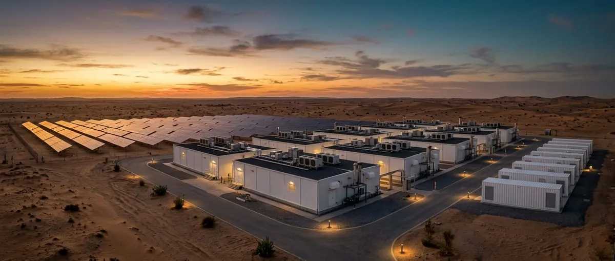 Modular data centre halls beside rows of tracking solar panels and white battery containers in the UAE desert at dusk