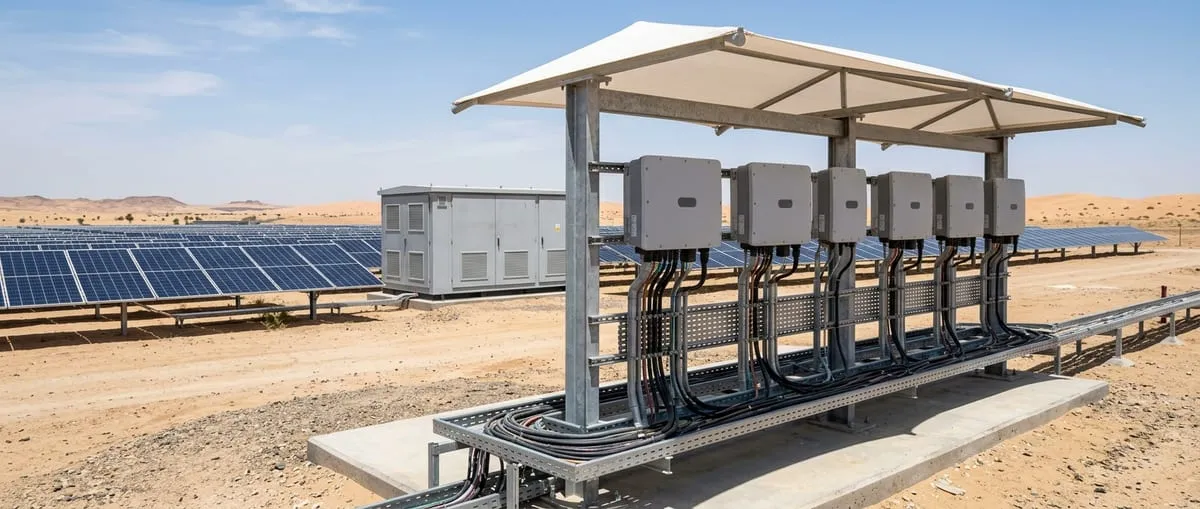 Row of string inverters under a shade canopy beside a desert solar array, with a larger inverter station behind